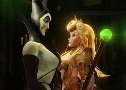 2girls 3d 3d_(artwork) armor aurora_(sleeping_beauty) bare_midriff big_breasts big_eyes bikini blonde_hair breast_frottage breast_to_breast breasts busty catfight confrontation crisisbeat dawn_(princess_quest) disney disney_princess disney_villains face_to_face female female_only green_body green_skin large_breasts light-skinned_female light_skin maleficent mature mature_female princess princess_quest royalty side_view sideboob sleeping_beauty_(1959_film) smirk smirking sorceress staff tit_to_tit villain villainess witch