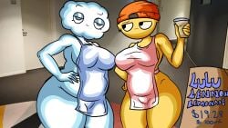 2girls apron apron_only bald bald_female beanie black_eyes blue_body blue_eyes chetoh chubby chubby_female claudia_(chetoh) cloud cloud_humanoid cup earring english_text female female_focus female_only food_creature hand_on_hip holding_cup lemon lemonade looking_at_viewer naked_apron oc orange_beanie original original_character original_characters photo_background pink_apron sideboob sign smile smiling smiling_at_viewer text text_on_sign yellow_body