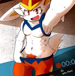 abs anthro armpit_hair bodily_fluids body_hair bottomwear cinderace clothing km_kitune male male_cinderace male_pokemon muscular muscular_anthro muscular_male naughty_face nintendo pants pecs pokémon_(species) pokemon pokemon_ss pubes selfie solo suggestive sweat video_games