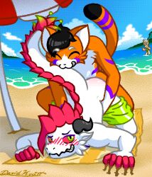 anal anthro ass_up beach beach_towel beach_umbrella beachwear black_hair blush bodily_fluids bottomwear bottomwear_down canid canine canis claws clothed clothing cloud david_wonder davidkyatt digital_media_(artwork) dithering doggystyle domestic_cat domestic_dog dragon dragon_fruit duo felid feline felis food from_behind_position front_view fruit fur genital_fluids grabbing_from_behind green_bottomwear green_clothing green_eyes green_pupils green_shorts hair happy happy_sex highlights_(coloring) horn long_tail male male/male mammal mythological_creature mythological_scalie mythology orange_body orange_fur parasol partially_clothed pinned pixel_(artwork) plant pseudo_hair public public_sex pupils purple_body purple_fur purple_highlights red_body red_claws red_eyes red_hair red_scales red_sclera sand scale_hair scales scalie scaly_tail sex sex_on_the_beach shiba_inu shorts shorts_down smile smirk spitz swimming_trunks swimming_trunks_down swimwear tail towel voyeur waist_grab white_body white_fur