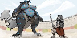 anthro axe battle_axe belly big_breasts bodypaint bottomwear breasts claws clothing deathclaw doctordj duo erect_nipples fallout female female_deathclaw finger_claws genitals gladiator hi_res horn human larger_female loincloth low-angle_view male mammal melee_weapon microsoft mostly_nude_anthro mostly_nude_female musclegut muscular navel nipples scalie size_difference sword thick_thighs toe_claws vulva warrior weapon worm's-eye_view