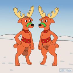 1:1 anatomically_correct anatomically_correct_genitalia animal_genitalia anthro antlers balls bell bell_harness breasts capreoline cervid christmas crotchboobs deer duo female fully_sheathed fur genitals hair harness hi_res holidays horn jingle_bell jingle_bell_harness male mammal mostly_nude nipples nude outside penis pussy reindeer sheath simple_background smile snow straight udders winter zeklullaby