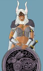 1girls armor bunny_ears dark-skinned_female dark_skin facepaint female female_only miruko my_hero_academia red_eyes rumi_usagiyama shield shieldmaiden skimpy_armor solo viking warpaint white_hair