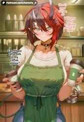 1girl 1girls :3 ai_generated apron b34sty_0 big_boobies big_boobs big_breasts big_tits big_titties black_collar black_hair black_horns black_tail blue_eyes blue_jeans blush boobs breasts cafe closed_mouth coffee collar cross cross_earrings demon_tail ear_ring earring earrings ears eyes fang fangs female female_only green_apron hair holding_coffee_mug holding_cup horns indoors jeans large_boobies large_boobs large_breasts large_tits large_titties looking_at_viewer multicolored_hair nanashi_inc. oni_horns patreon pointy_ears red_hair ryugasaki_rene shirt short_hair smile standing starbucks staring_at_viewer t-shirt tail tits virtual_youtuber vtuber watermark white_t-shirt