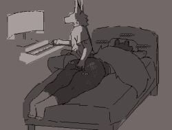 2026 2_frame_animation 5_fingers animated anthro bear bed bedroom bite_mark bottomless bottomless_anthro bottomless_male bottomwear bulge butt canid canine clothed clothed_anthro clothed_male clothing computer_monitor computer_mouse digital_media_(artwork) duo english_text fingers fluffy fluffy_tail footwear fur furniture grey_background grey_text greyscale hazen keyboard lying male male/male mammal mertvykhcrows moan monochrome multitasking neck_tuft on_bed on_front pixel_(artwork) pixel_animation rubbing rubbing_anus short short_tail shorts simple_background sitting socks spank_marks tail text tuft