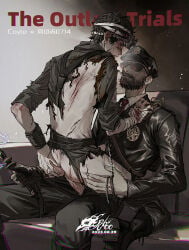 2boys anal ass bandaged_hand bandages beard black_gloves black_hair blood blush cattle_prod chinese_commentary cigarette commentary_request copyright_name dated endlloooo facial_hair gay gay_male gloves goggles goggles_on_head hand_on_another's_ass hand_on_own_ass hat highres leland_coyle multiple_boys mustache necktie night_vision_device oc_x_canon original penis police_badge police_hat red_necktie scar scar_on_neck single_glove sitting the_outlast_trials torn_clothes yaoi
