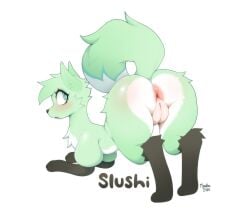 1girl 1girls ass ass_focus ass_up bending_over bent_over big_asshole big_butt booty butt butt_focus chikn_nuggit cyan_body cyan_eyes cyan_fur exposed_ass exposed_asshole exposed_pussy female_focus female_only feral fluff fluffy fluffy_fur fluffy_hair fluffy_tail fox huge_pussy humanoid_genitalia paws pink_anus pink_asshole presenting_ass pussy pussy_focus semi-feral simple_background slushi_(chikn_nuggit) web_series