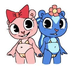accessory anthro big_eyes bikini bikini_bottom bikini_top blue_body blue_fur blush bow_tie camel_toe clothing duo female female_only flower flower_in_hair fur giggles_(htf) gold_bikini gold_bikini_bottom gold_bikini_top golden_week hair hair_accessory hand_holding happy_tree_friends heart_nose heart_symbol humanoid_hands low_res mammal mephitid myra_(artist) navel petunia_(htf) pink_body pink_fur pink_nose plant rodent sciurid simple_background skunk standing swimwear tree_squirrel two-piece_swimsuit white_background