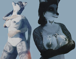 'jack'_carter_(tc) anthro bodily_fluids breasts canid canine crossed_arms cum cum_on_breasts duo female fox genital_fluids genitals grey_fox human looking_at_viewer looking_pleasured male mammal nipples pussy straight switch_(tc) tac-cat tattoo urocyon