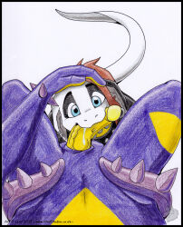2021 amped_toxtricity anthro black_body bodily_fluids body_spikes brown_hair colored_pencil_(artwork) dated duo fellatio female first_person_view generation_8_pokemon genital_piercing genitals glans hair hand_on_head hi_res humanoid_genitalia humanoid_penis male male_only markings multicolored_body nintendo oral penile penis penis_piercing piercing pokemon pokemon_(species) purple_body reptile saliva saliva_on_penis scalie sex silvolf snout toxtricity traditional_media_(artwork) vein veiny_penis yellow_body