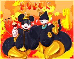 2girls annoyed anthro big_ass big_breasts black_areola black_body black_nipples breasts_bigger_than_head cartoony cat_girl disney gloves gold_bikini golden_hat horny looking_at_viewer lucky_cat mickey_mouse_shorts minnie_mouse mouse_girl nipples_visible_through_clothing ortensia oswald_the_lucky_rabbit rabbit5gamer shiny thick_thighs voluptuous wine wine_glass