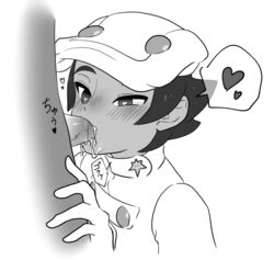 2boys aether_foundation aether_foundation_employee aether_foundation_employee_(male) blush cabbie_hat cum dark-skinned_femboy dark-skinned_male dark_skin fellatio femboy gay gloves heart heart-shaped_pupils japanese_text male male_only monochrome oral penis pokemon pokemon_sm short_hair simple_background trap uniform yaoi はきだめ