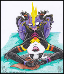 2021 amped_toxtricity anthro bed_sheet bedding black_body claws colored_pencil_(artwork) countershade_genitalia countershade_vulva countershading cunnilingus dated duo ear_piercing eyebrow_piercing facial_piercing female generation_8_pokemon genitals lying male nintendo on_back open_mouth oral piercing pokemon pokemon_(species) purple_body scalie sex sharp_teeth silvolf teeth toe_claws tongue toxtricity traditional_media_(artwork) vaginal vulva