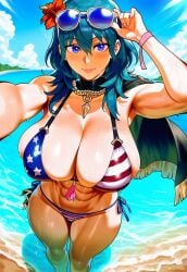 1girls abs ai_generated american_flag_bikini athletic_female beach big_breasts bikini blue_eyes blue_hair byleth byleth_(fire_emblem)_(female) cleavage curvaceous curvy_female eyes female female_only fire_emblem fire_emblem:_three_houses fit_female glasses_on_head hourglass_figure intelligent_systems large_breasts light-skinned_female light_skin long_hair looking_at_viewer nintendo outdoors standing sunglasses_on_head swimsuit thick thick_thighs voluptuous voluptuous_female water wide_hips