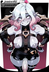 1futa 1futanari 1girl ahoge ai_generated artist_name bare_shoulders belt black_belt black_thighhighs blush breasts briar_(league_of_legends) clenched_teeth clothing colored_sclera colored_skin detached_sleeves english_text erection female futa futanari gradient_hair grey_eyes grey_hair grey_skin grin hair_between_eyes hands_on_own_hips intersex jennieart02 large_areolae large_breasts large_penis league_of_legends looking_at_viewer medium_breasts multicolored_hair nipples no_pupils patreon patreon_logo patreon_username penis pink_hair pointy_ears puffy_nipples red_sclera riot_games sharp_teeth shiny_skin sidelocks smile solo standing streaked_hair sweat teeth testicles thigh_strap thighhighs thighs torn_clothes twitter twitter_username two-tone_hair vampire veins veiny_penis watermark white_eyes