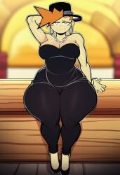 ai_generated ass big big_ass big_breasts black_dress black_hat breasts jewelry jewels jujutsu_shenanigans orange_hair roblox roblox_avatar roblox_developer roblox_studio robloxian rule_63 thick_ass thick_hips thick_legs thick_thighs tze_(roblox) white_skin