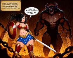 1boy 1girls ai_generated amazon anthro anthro_on_female anthro_on_human armor armored_female beast big_breasts black_hair blue_eyes breasts dialogue english_text female fighting_stance human imminent_rape imminent_sex killkong larger_male light-skinned_female light_skin male minotaur narration poem shield size_difference smaller_female superheroine sword text warrior wonder_woman wonder_woman_(series)