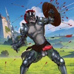 accident accidental_exposure animal_genitalia animal_penis anthro arena areola armor arrow_(weapon) athletic athletic_anthro athletic_male balls blush bottomwear canid canine canine_genitalia canine_penis canis clothed clothing digital_media_(artwork) ear_piercing embarrassed erection fingers fur genitals hair hi_res holding_melee_weapon holding_object holding_shield holding_sword holding_weapon knot loincloth male mammal medieval medieval_armor melee_weapon nekochan002 nipples outside penis piercing ranged_weapon shield solo solo_male standing sword tail teeth topless topless_anthro topless_male weapon wolf