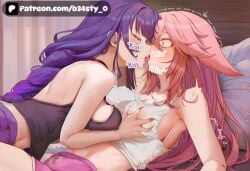 2girl 2girls ai_generated b34sty_0 bed bedroom big_boobies big_boobs big_breasts big_tits big_titties black_crop_top blush boobs braid braided_hair breasts closed_eyes crop_top drool drooling ears eyes female female_only fox_ears french_kiss french_kissing full-face_blush full_face_blush genshin_impact grabbing_another's_breast grabbing_another's_breasts grabbing_breast grabbing_breasts gym_shorts hair hand_on_another's_breast hand_on_breast hand_on_breasts hoyoverse indoors kiss kissing large_boobies large_boobs large_breasts large_tits large_titties long_hair mihoyo navel open_eyes open_mouth patreon pink_hair pink_shorts purple_eyes purple_hair purple_shorts raiden_shogun saliva shocked shocked_expression shocked_eyes shocked_face shorts single_braid tits tongue tongue_out trembling watermark white_crop_top yae_miko yae_miko_(genshin_impact) yuri