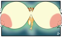 4_toes anthro big_breasts big_nipples black_claws black_nose blue_eyes border breasts byser canid canine canis claws eyebrows feet female fur genitals hair hi_res huge_breasts huge_nipples hyper hyper_breasts hyper_nipples inner_ear_fluff innie_vulva looking_at_viewer mammal multicolored_body multicolored_fur nipples pawpads pink_nipples pink_pawpads red_hair solo tail tan_body tan_fur toes tuft vulva walking white_border white_inner_ear_fluff wolf