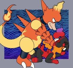 aaron_amethyst abstract_background absurd_res anal anal_penetration balls charcadet claws covering covering_mouth duo generation_1_pokemon generation_9_pokemon genitals hand_on_head hi_res magmar male male/male multicolored_body nintendo non-human non-human_head non-human_only penetration penis pokemon pokemon_(species) size_difference toony