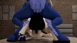 absurd_res anthro backsack baito balls blue_body blue_fur bodily_fluids brown_body brown_fur canid canine canis clipping_through cum cum_on_chest dakota_(baito) domestic_dog duo from_behind_angle fur genital_fluids genitals hi_res male male/male mammal paws size_difference