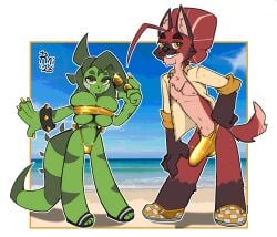 absurd_res anthro balls_outline barely_contained barely_contained_breasts beach big_breasts big_bulge big_hair bikini biped breasts bulge canid canine clothed clothing collared_shirt detailed_bulge dress_shirt duo erection erection_under_clothing eyewear facial_piercing female female_anthro footwear genital_outline gold_(metal) gold_bikini gold_jewelry gold_thong golden_week hair hair_bun hi_res huge_breasts iguana iguanid jewelry joyce_(raidak5) lizard male male/female male_anthro mammal maned_wolf nipples nose_piercing nose_ring open_clothing open_shirt open_topwear penis_outline piercing rai_(raidak5) raidak5 reptile ring_piercing sandals scalie shirt shoes signature sneakers standing sunglasses swimwear topwear two-piece_swimsuit