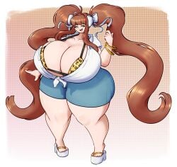 1girls bow bows bracelet breasts doki_doki_literature_club female giant_breasts gold_bracelet gold_jewelry green_eyes gyaru heels huge_breasts leopard_print leopard_print_bikini long_hair monika_(doki_doki_literature_club) mouth_open red_eclipse thick_thighs thighs twintails white_bow