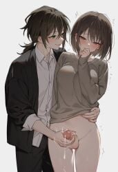 1boy 1girls ai_generated black_pants blush bottomless breasts brown_eyes brown_hair clothed_male clothes_lift cum female futa_with_male futanari gentle_maledom green_eyes handjob long_sleeves looking_at_another male male/female male/futa milua original penis ponytail self_upload shirt short_hair simple_background smile smiling_at_partner straight sweater testicles uncensored white_shirt