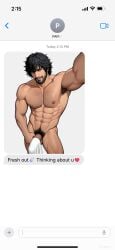 1boy 2d ai_assisted ai_generated bara beard body_hair carlos_oliveira erection_under_towel facial_hair from_above hairy human looking_at_viewer male male_focus male_only male_pubic_hair muscular muscular_male resident_evil resident_evil_3_remake selfie solo text text_message texting thumosx white_background