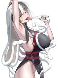 1girls azami_(blue_archive) black_hair black_nails blue_archive fangs kimono large_breasts long_tongue looking_at_viewer mrsc multicolored_hair pelvic_curtain_lift presenting sideboob simple_background sleveless slit_pupils smile snake snake_hair snake_tongue white_background white_hair yellow_eyes