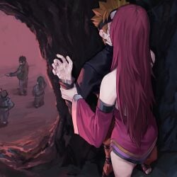 kissing energy_drain fuuka_(naruto) uzumaki_naruto naruto_(series) naruto naruto_shippuden forced kiss imminent_death pinned_to_wall older_female_and_younger_male wrist_grab chin_grab implied_kiss