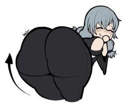 1boy arrow ass bending_over bent_over big_ass big_butt butt closed_eyes fat_ass fat_butt fully_clothed huge_ass huge_butt jujutsu_kaisen looking_back mahito_(jujutsu_kaisen) male male_only smile solo sugarystarfish thick_ass thick_butt white_background