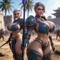 1girl 2girls 3d ai_generated alpha_legion alpharius big_ass big_breasts blue_armor double-bladed_spear female female_only female_space_marine omegon power_armor power_armor_(warhammer) primarch purple_armor purple_streaks ravenomega rule_63 sexy_body sexy_female sexy_woman short_hair spear streaked_hair sword warhammer_(franchise) warhammer_40k white_hair