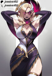 1girl ai_generated armpits arms_behind_head arms_up artist_name bare_shoulders black_dress black_lips blonde_hair breasts cleavage cleavage_cutout clothing clothing_cutout coven_morgana cowboy_shot detached_sleeves dress earrings eyes_visible_through_hair female gem glowing_eyes gradient_background hair_over_one_eye jennieart02 jewelry large_breasts league_of_legends lipstick long_hair looking_at_viewer makeup morgana parted_lips patreon patreon_logo patreon_username pink_eyes pointy_ears purple_lips red_eyes riot_games shiny_skin simple_background skindentation solo steaming_body sweat teeth thick_thighs thighhighs thighs twitter twitter_username watermark white_thighhighs wide_hips