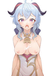 after_sex ahoge areolae bare_shoulders bell big_breasts blue_hair blush breasts breasts_out cowbell cum cum_between_breasts cum_drip cum_in_mouth cum_on_breasts cum_on_tongue cum_string exposed_breasts eyelashes ganyu_(genshin_impact) genshin_impact heart-shaped_pupils horns long_hair looking_at_viewer muntes nipples open_mouth partially_clothed tongue wide_hips