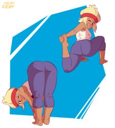 ass barefoot big_butt blonde_hair carol_(ok_k.o.!_let's_be_heroes) carol_kincaid feet female_only headband milf ok_k.o.!_let's_be_heroes okaylevy stretching tank_top thick_thighs yoga_pants