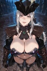 fromsoftware bloodborne lady_maria_of_the_astral_clocktower video_games video_game_franchise ai_generated ai_assisted video_game video_game_character uncensored background 2026 1girls 1girl 1female female female_only female_focus white_hair green_eyes long_hair ponytail light_skin light-skinned_female breasts big_breasts large_breasts nipples pose posing blush blushing blushing_female smile smiling_at_viewer bikini_armor alternate_costume public public_indecency huge_breasts tricorne revealing_clothes corrupted horny_female outside