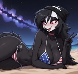 ai_generated hellaverse helluva_boss octavia_(helluva_boss) avian bird owl owl_demon absurd_res cropped hi_res american_flag_bikini anthro beak beanie bikini bikini_bottom bikini_top black_body black_feathers black_hair blush choker clothing collarbone feathers female gesture hair hat headgear headwear jewelry looking_at_viewer lying_on_ground necklace night nipples non-mammal_nipples sand sea sky solo star starry_sky stars_and_stripes swimwear tail tail_feathers united_states_of_america v_sign water white_eyes