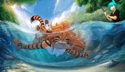 1boy 1girls 2026 7:4 absurd_res anthro biped black_stripes blue_hair bottomwear breasts brown_hair bubble butt casual_nudity chest_tuft claws clothed clothed/nude clothed_human clothed_male clothing conditional_dnp digital_drawing_(artwork) digital_media_(artwork) digitigrade diving duo eyes_closed featureless_breasts feet felid female finger_claws fingers fish_in_mouth fishing_rod flora_(twokinds) fully_clothed fully_clothed_human fully_clothed_male fur hair happy hi_res human keidran male mammal markings narikusha nevermind_(nirvana) nude nude_anthro nude_female orange_body orange_fur orange_tail outside pantherine pawpads paws smile splash splashing_water striped_body striped_fur striped_markings striped_tail stripes swimming tagme tail tail_markings teeth text tiger toes tom_fischbach topwear trace_legacy tuft twokinds underwater url water