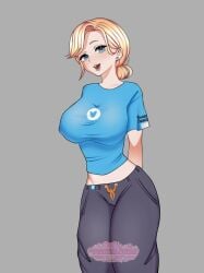 1girl alternate_version_available arms_behind_back baggy_pants bangs blonde_hair blue_eyes blue_shirt brawl_stars breasts bun earrings female female_only fully_clothed gray_background huge_breasts looking_at_viewer midriff nipple_outline open_mouth open_smile ozonoblood18 pale_skin pants piper_(brawl_stars) pussy_lips pussy_visible_through_clothes simple_background smile smile_at_viewer thick_hips thin_waist tight_shirt tshirt vulva_line wide_hips