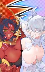 black_hair boobs breast_to_breast chains claws demon demon_girl demon_horns female female_only gloves konami labrynth_of_the_silver_castle large_breasts laugh light_skin looking_at_viewer lovely_labrynth_of_the_silver_castle necklace necktie pointy_ears pressed_against pressing_breasts princess red_skin silver_eyes smile unchained_ogre_shara white_hair xblhh yellow_eyes younger_female yu-gi-oh!