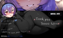 1girl absurdres blush bodypaint character_request completely_nude copyright_request highres meccha_chameleon milestone_celebration nipples nude purple_hair red_eyes shinkai_toro solo sweat thank_you v