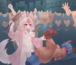 2girls absurd_res anal anthro ass_up being_watched blue_hair bodily_fluids brand_new_animal breasts brown_body butt canid canine canis duo exposed female female/female genital_fluids genitals green_eyes hair hi_res lalamedli looking_at_another mammal michiru_kagemori multiple_boys nazuna_hiwatashi nipples nude pink_hair pink_nipples procyonid raccoon red_eyes sex_toy shy studio_trigger vaginal vaginal_fluids vulva white_body wolf