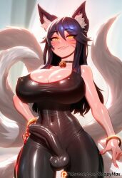 1futa 1girl 2026 2d absurd_res absurd_resolution absurdres ahri ahri_(league_of_legends) ai_generated animal_ears bell big_ass big_breasts big_penis black_hair blush bodysuit bracelet breasts bulge choker cleavage covered_navel covered_nipples covered_penis covered_testicles erection erection_under_clothes facial_mark fox_ears fox_girl fox_tail futanari hair_between_eyes hand_on_own_hip hi_res high_quality high_resolution highres huge_breasts image jewelry jingle_bell large_breasts league_of_legends long_hair looking_at_viewer multiple_tails nail_polish neck_bell patreon patreon_logo patreon_username penis red_nails shiny_clothes shiny_skin skin_tight smile soapy_max solo tail testicles uncensured watermark web_address whisker_markings yellow_eyes