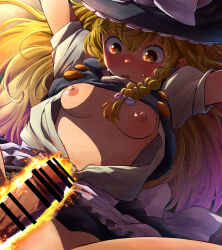 1girl apron back_bow bar_censor black_hat black_skirt black_vest blonde_hair blush bow braid breasts brown_eyes buttons censored commentary_request erection fire grey_apron grey_shirt hair_bow hat hat_bow kirisame_marisa long_hair looking_at_penis mosaic_censoring nipples open_clothes open_mouth outstretched_arms penis purple_bow shadow shirt short_sleeves single_braid skirt small_breasts spread_arms sweatdrop takumi117 touhou vest witch_hat