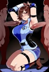 1girl 2boys ai_generated arm_strap armpit_fetish armpit_pose armpit_sex armpits arms_behind_head arms_up asuka_kazama belt blue_shirt blue_shorts blush boots breasts brown_eyes brown_footwear brown_gloves brown_hair bunnyart02 closed_mouth clothed_female_nude_male clothing dark-skinned_male dark_skin elbow_pads erection female fingerless_gloves full_body gloves group_sex hetero high_heel_boots high_heels interracial jacket kazama_asuka kneeling large_breasts large_penis male male_pubic_hair mmf_threesome multiple_boys muscular nude penis precum precum_drip pubic_hair seiza sexy_armpits shirt short_hair shorts sleeveless socks solo_focus steaming_body sweat tekken tekken_7 tekken_8 testicles thick_thighs thigh_strap thighs threesome vest