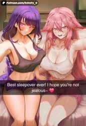2girl 2girls ai_generated b34sty_0 bed bedroom big_boobies big_boobs big_breasts big_tits big_titties black_crop_top blush boobs braid braided_hair breasts breasts_against_breasts breasts_pressed_against_another breasts_pressed_against_partner breasts_pressed_together closed_mouth crop_top dolphin_shorts ears eyes female female_only fox_ears genshin_impact gym_shorts hair hoyoverse indoors large_boobies large_boobs large_breasts large_tits large_titties long_hair looking_at_viewer mihoyo navel open_mouth patreon pink_hair pink_shorts purple_eyes purple_hair purple_shorts raiden_shogun selfie shorts side_by_side single_braid sitting smile snapchat staring_at_viewer tits watermark white_crop_top yae_miko yae_miko_(genshin_impact)