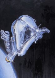 aerosmith ass ass_focus back_view built-in_high_heels chrome hajime_sorayama high_heels no_pussy robot robot_girl sexy_robot_(hajime_sorayama) silver_body tagme thick_thighs visor wide_hips