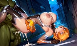 ai_generated s00bai taimanin_(series) taimanin_asagi igawa_sakura short_hair blonde_hair blue_eyes massive_breasts 1girl 1boy orc large_penis torn_clothes arched_back rolling_eyes ahe_gao vaginal_penetration vaginal_sex cum cum_inside cum_in_pussy cum_on_breasts cum_drip cum_on_face on_back ninja kunoichi